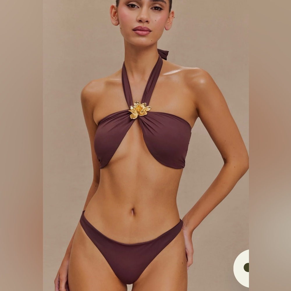 BRAND 🆕 NWT Meshki Brown Bikini Set- Gold Flower  adornment -👌Tres Chic!!